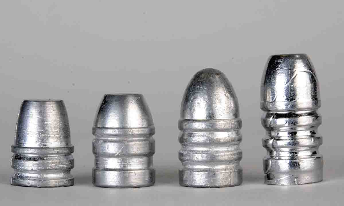For casual shooting, the three .44-caliber revolver bullets at left are suitable despite obvious defects. The .405 WCF rifle bullet (far right) would be returned to the lead furnace, because its defects are too bad for accurate shooting.